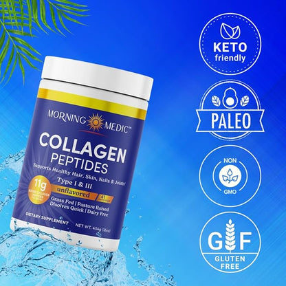 Quick Dissolving Collagen Peptides Powder - Supports Healthy Hair, Skin, Nails, & Joints, Type I &III, Unflavored, 41 Servings, 16 OZ