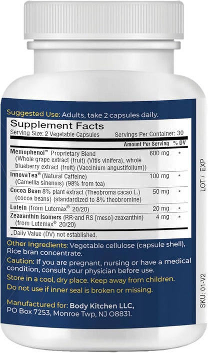 Body Kitchen EXEED Mind Crafted Supports Mental Clarity, Cognitive Function, with Memophenol, Lutemax 20/20, InnovaTea, Veggie Caps, 60 Count