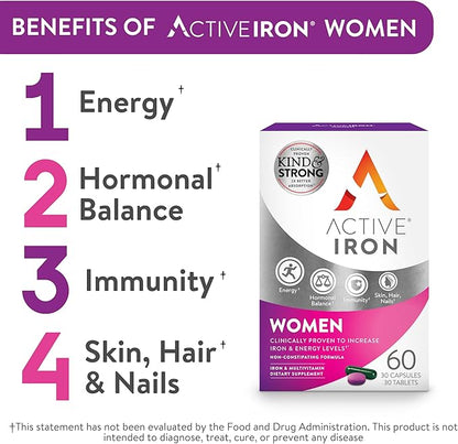Active Iron Supplement for Women + Complete Multivitamin, 30 Non-Constipating, Gentle on Stomach Capsules + 30 Womens Multivitamin Tablets, Clinically Proven to Increase Iron & Energy Levels (2 Pack)