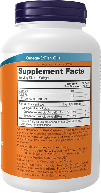 NOW Foods Supplements, DHA-500 with 250 EPA, Molecularly Distilled, Supports Brain Health*, 180 Softgels
