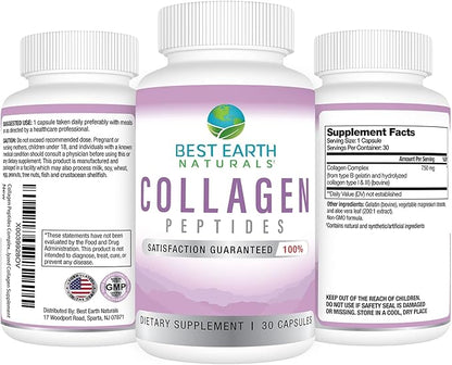 Best Earth Naturals Hydrolyzed Collagen Type I & III - Collagen Peptides Supplement for Women and Men to Support Hair, Skin, Nails, & Joints 30 Day Supply (30 Capsules)