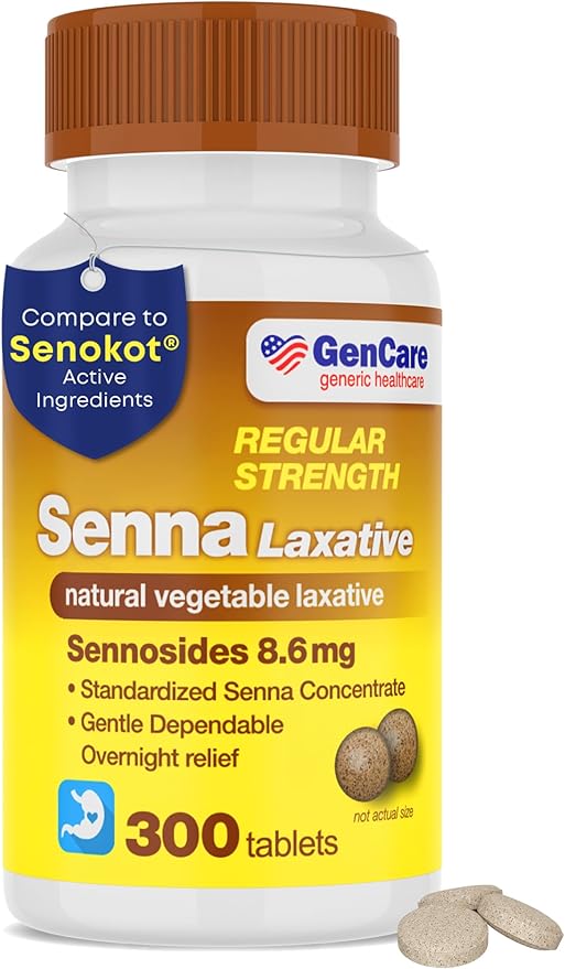 GenCare Senna Laxative 300 Tablets Senna 8.6mg Tablets with Natural Sennosides | Laxatives for Constipation, Bloating, Gas & Irregularity Relief. Safe & Effective | Generic for Senokot