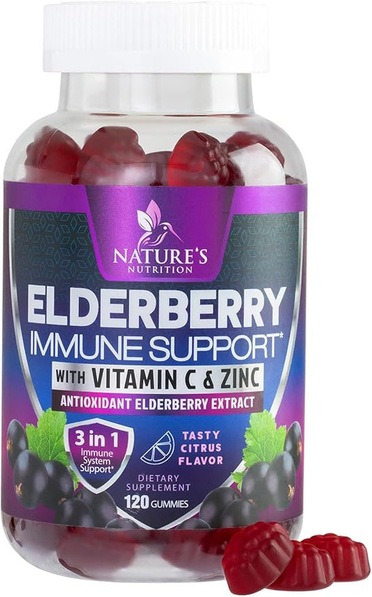 Immune Support Gummies - Sambucus Elderberry Gummy with Elder Berry Extract, Zinc & Vitamin C, Natural Vegan Immune Support Supplement for Adults & Children, Gummy Elderberry Vitamins - 120 Gummies