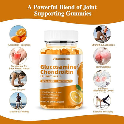 Glucosamine Chondroitin Gummies with MSM & Elderberry Extra Strength - Joint Support, Antioxidant Immune Support Supplement for Adults, Men & Women Minerals, coenzyme Q10, DHA - 60 Orange Gummies