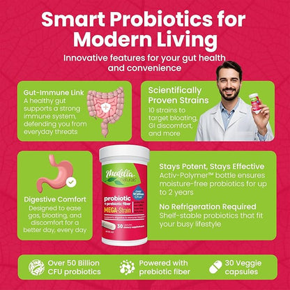 Mega-Strain 50 Billion CFU Probiotics + Prebiotics 30 Caps Probiotics for Women & Men - Maintain Good Flora Probiotic & Digestive Health - No Refrigeration Required Probiotics Lactobacillus Rhamnosus