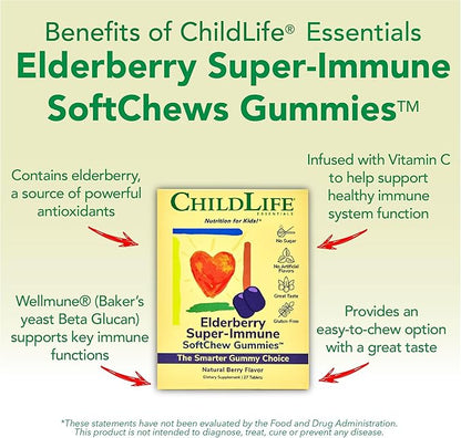 CHILDLIFE ESSENTIALS Elderberry Super-Immune SoftChew Gummies for Kids - Immune Support with Vitamin C & Vitamin D3, Elderberry Immune Supplement for Babies, Toddlers & Children - Berry, 27 Softchews