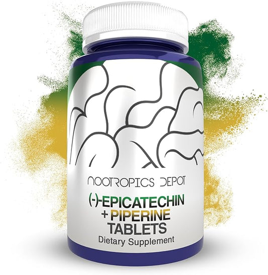 Nootropics Depot Epicatechin Tablets | 200mg (−)−Epicatechin + 6mg Piperine for Bioavailability | Green Tea Extract | Promotes Muscle Mass, Cardiovascular Health, and Energy | 30 Count