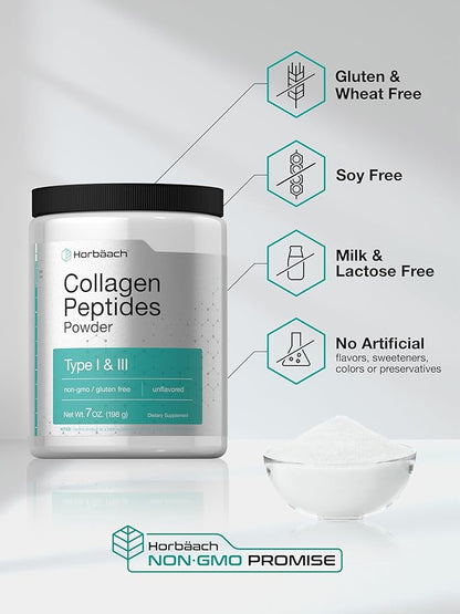 Horbäach Collagen Peptides Powder 7oz | Type I and III | Unflavored Multi Collagen Protein and Amino Acids | Gluten Free, Keto & Paleo Friendly