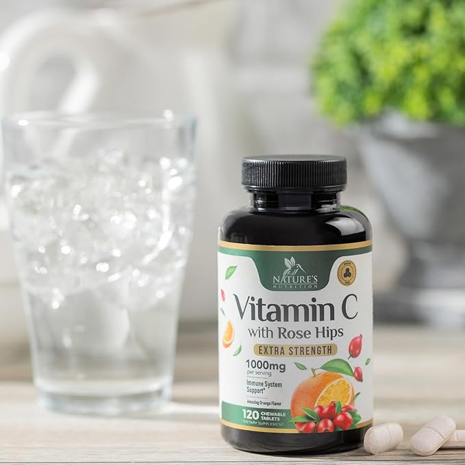 Chewable Vitamin C 1000mg - Extra Strength Antioxidants for Powerful Immune Support w/Vitamin C & Rose HIPS - Potent Dietary VIT C Chews Supplement, Natural, Vegan - Tasty Orange Flavor - 120 Tablets