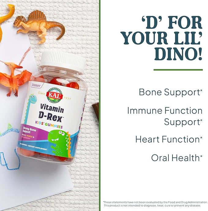 KAL Vitamin D-Rex - Vitamin D Gummies for Kids - Kids Vitamin D3 - Peach, Mango, and Strawberry Flavors - Immune, Heart, Bone & Oral Support - Vegetarian, Gluten Free - 60 Servings, 60 Gummies