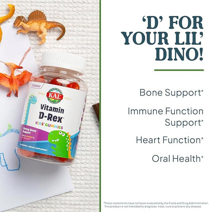 KAL Vitamin D-Rex - Vitamin D Gummies for Kids - Kids Vitamin D3 - Peach, Mango, and Strawberry Flavors - Immune, Heart, Bone & Oral Support - Vegetarian, Gluten Free - 60 Servings, 60 Gummies