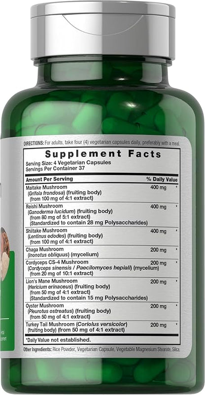 Horbäach Mushroom Complex Capsules | 150 Count | Non-GMO & Gluten Free Supplement | Reishi, Chaga, Lions Mane, Cordyceps, Maitake, Shiitake, Oyster and Turkey