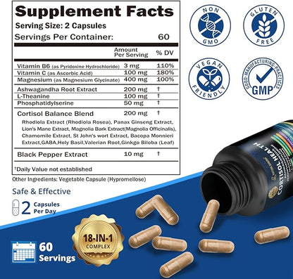18-in-1 Cortisol Supplements for Women & Men, Cortisol Reducer Detox Manager with Magnesium, Ashwagandha, L-Theanine, Phosphatidylserine for Mood, Sleep, Focus Support, 120 Capsules