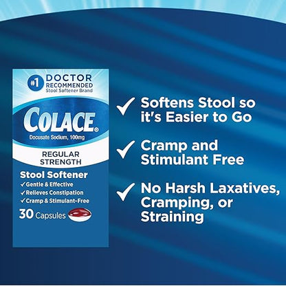 Colace Regular Strength Stool Softener for Gentle Effective Constipation Relief, No. 1 Doctor Recommended Stool Softener Brand, 100 mg Docusate Capsules, 30 Count