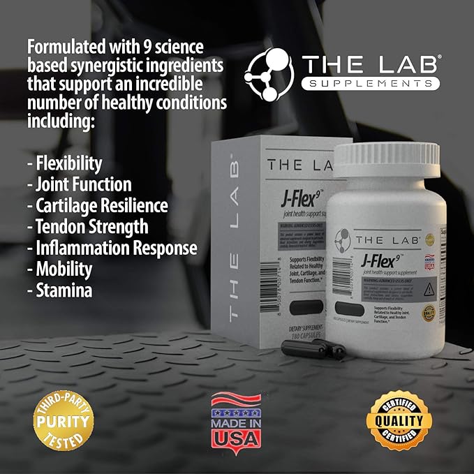 J-FLEX9 Advanced Joint Health Supplement + Cartilage Support & Tendon Function | Synergy of 9 Ingredients Including Chondroitin, Glucosamine, MSM, Curcumin, Boswellia Serrata, Collagen. Made in USA.