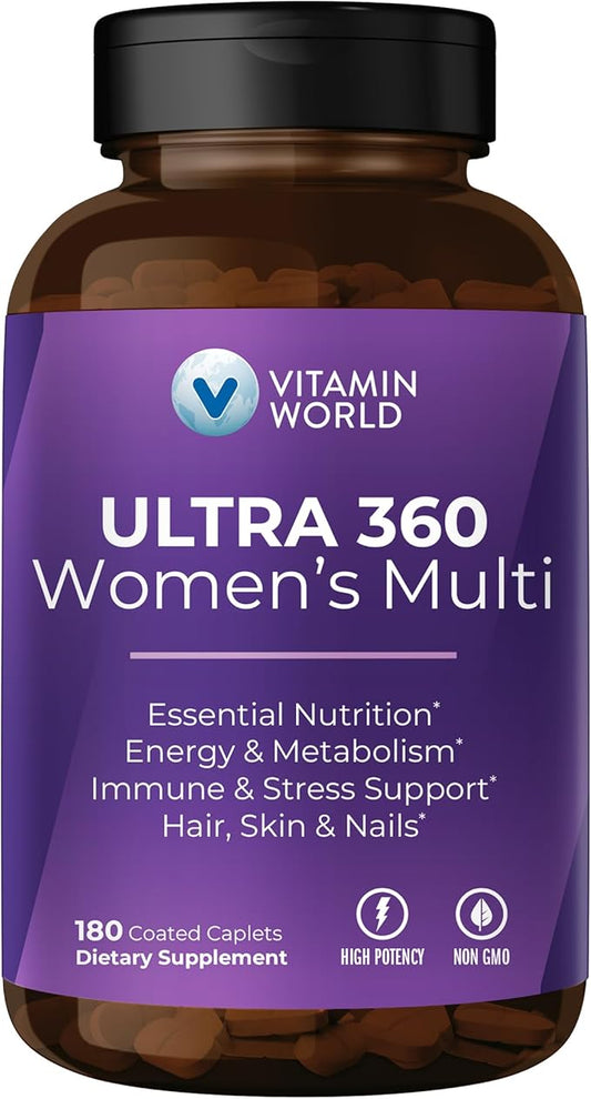 Vitamin World Ultra 360 Multivitamin for Women, Women's Multivitamin with Herbs & Collagen for Hair, Skin & Nails, Supplement with Iron, Vitamin A, B, C, D, E for Energy & Immune Support, 180 Caplets