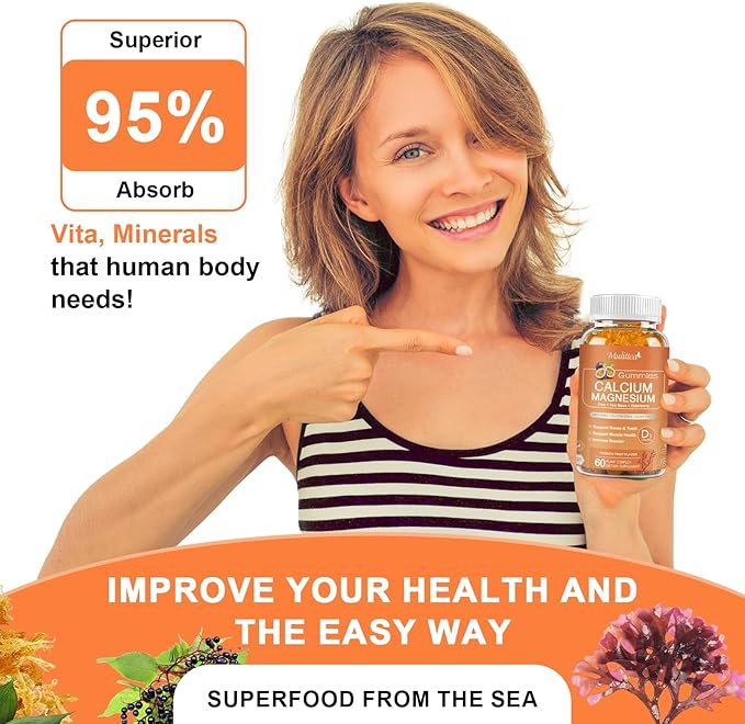 Calcium Gummies with D3,K2,Zinc - Plant Complex Calcium Magnesium Supplement with Glycinate,Potassium,Vitamin C &Whole Natural Food for Bone & Immune Support- 60 Chewable Gummy Sugar-Free