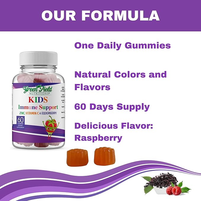 Greenfield Nutritions Halal Immune Support Elderberry Gummies for Kids - Supports Your Immune System Naturally with Halal Zinc and Vitamin C Gummy Halal Vitamins - 60 Delicious Kids Gummy Vitamins
