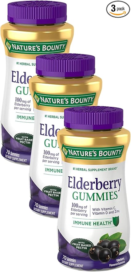 Nature's Bounty Elderberry Gummies, Dietary Supplement, Supports Immune Health, Contains Vitamin A, C, D, E and Zinc, 100 mg, 70 Gummies (Pack of 3)