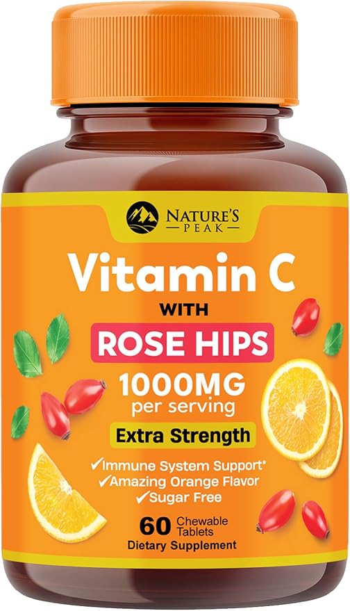 Vitamin C 1000mg Supplement - Extra Strength Chewable Immune Support Vitamin C Dietary Supplement with Rose HIPS, Nature's VitaminC Antioxidant Support, Natural, Vegan, Orange Flavor - 60 Tablets