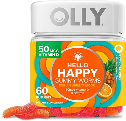 OLLY Hello Happy Gummy Worms Mood Support with Saffron, Vitamin D - 60 Count and Extra Strength Elderberry Gummies Immune Support with 450mg Elderberry - 60 Count