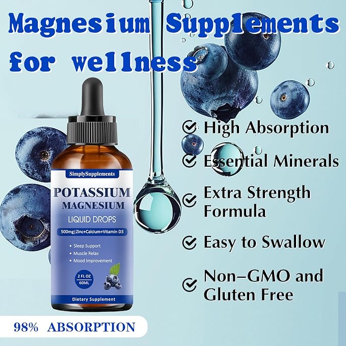 Potassium Magnesium Supplement - Potassium 99mg & 500mg Magnesium Glycinate Complex Liquid Drops with Calcium, Zinc, Vitamin B6, D3 - Energy & Bone & Muscle Support - 2 Fl oz