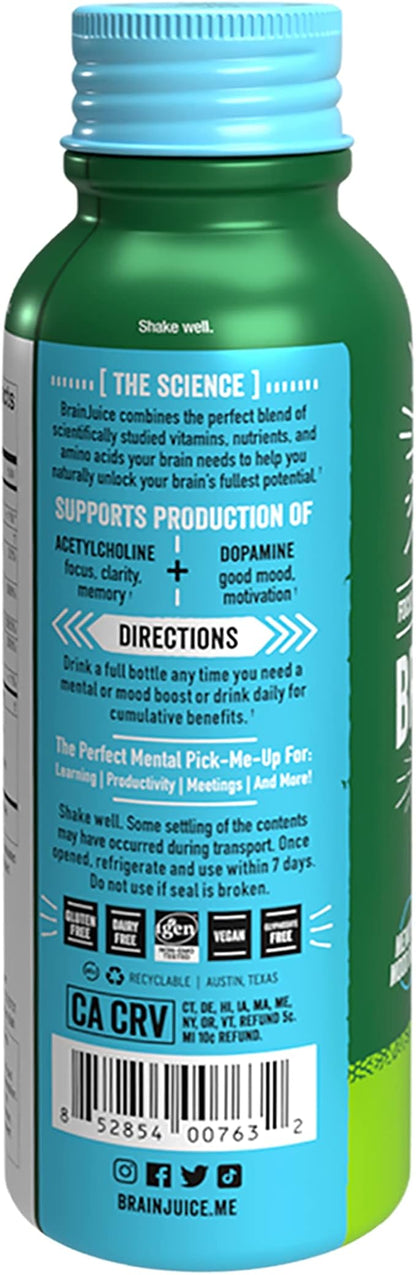 BrainJuice Decaf Brain Support Shot, Gluten Free Supplement Shots for Energy & Focus, Healthy Drinks with Alpha GPC, Vitamin B & Decaffeinated Green Tea Leaf, Classic, 2.5 fl oz, 12 Pack