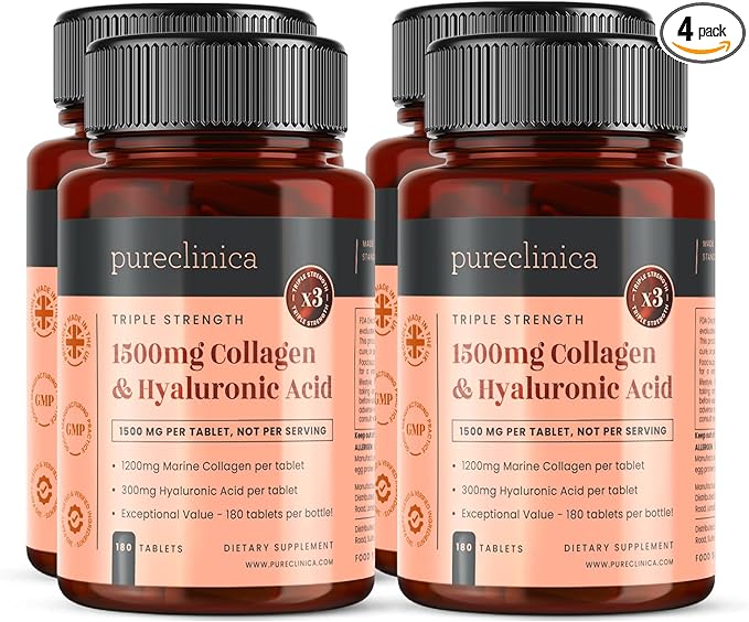 pureclinica Triple Strength Marine Collagen & Hyaluronic Acid – 1500mg per Tablet | 720 Tablets (4 Bottles of 180) | Supports Skin, Joints & Hydration