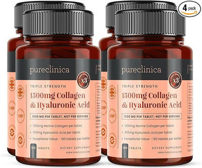 pureclinica Triple Strength Marine Collagen & Hyaluronic Acid – 1500mg per Tablet | 720 Tablets (4 Bottles of 180) | Supports Skin, Joints & Hydration