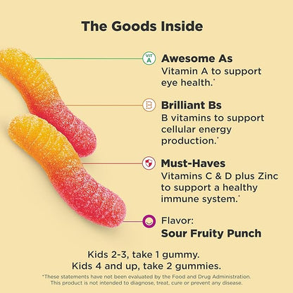 OLLY Kids Multivitamin Gummy Worms, Overall Health and Immune Support, Vitamins and Minerals A, C, D, E, Bs and Zinc, Chewable Supplement, Sour Fruit Punch, 45 Day Supply (70 Count)