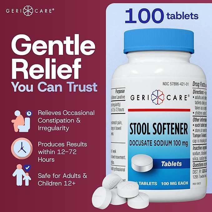 GeriCare Docusate Sodium Stool Softeners, Best Stool Softener for Daily use for Women, Men, and Elderly - Ideal for Constipation Relief 100mg Crushable Tablets. (100 Count) Made in The USA.