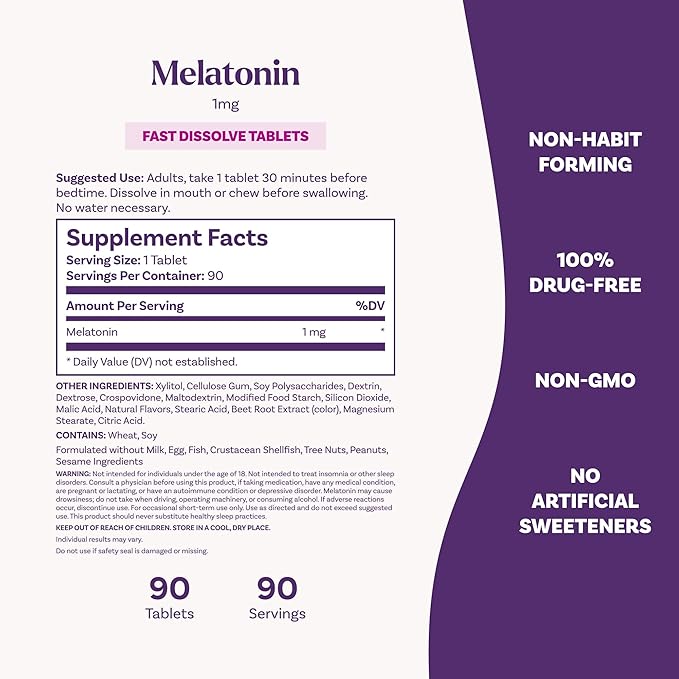 Natrol Fast Dissolve Melatonin 1 mg, Melatonin Supplements for Restful Sleep, Sleep Support for Adults, 90 Strawberry-Flavored Tablets, Up to a 90 Day Supply