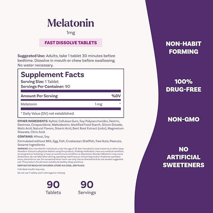 Natrol Fast Dissolve Melatonin 1 mg, Melatonin Supplements for Restful Sleep, Sleep Support for Adults, 90 Strawberry-Flavored Tablets, Up to a 90 Day Supply