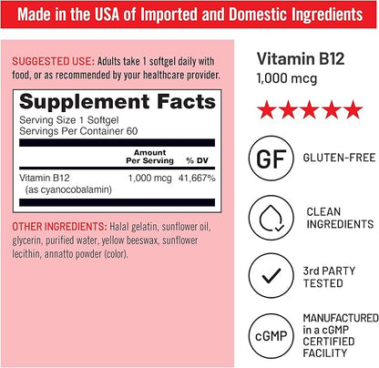 NatureWise Vitamin B12 1000 mcg - Dietary Supplement for Supporting Energy Metabolism, Mental Clarity, Nervous System Health - Easy-to-Swallow, Soy & Gluten-Free, Non-GMO - 60 Softgels[60-Day Supply]