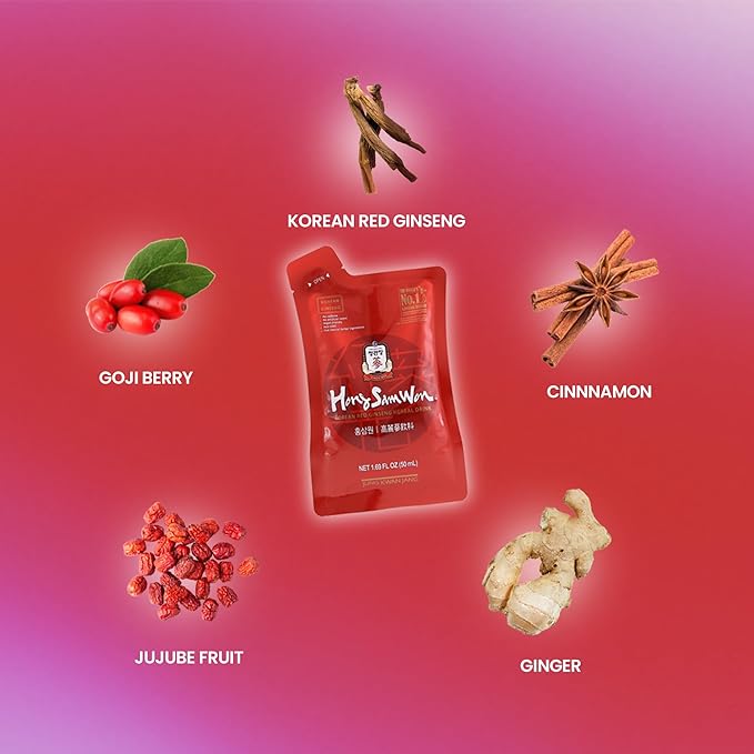 JungKwanJang HongSamWon Korean Red Ginseng Herbal Drink | Energy Drink, Pre Workout, Ginseng Supplement, Herbal Tea | Korean Red Ginseng Extract, Jujube, Ginger, Cinnamon | Vegan Friendly | 20 Count