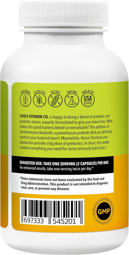 LIVELY VITAMIN CO. Great Guts Probiotic - 100 Billion CFU Probiotic - Balance Gut Microbiome, GI Tract, Inflammation, Indigestion, Reflux, Upset Stomach, & Diarrhea - 60 Caps