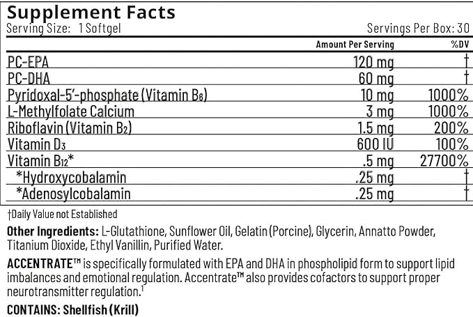 Accentrate - Focus Supplement - Methylated Vitamin B Complex w/Omega 3 Fatty Acid Supplement - Omega-3 EPA and DHA, L-Methylfolate, Vitamin B12, P-5-P, VIT D - 1 Month (30 Softgels)
