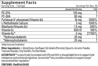 Accentrate - Focus Supplement - Methylated Vitamin B Complex w/Omega 3 Fatty Acid Supplement - Omega-3 EPA and DHA, L-Methylfolate, Vitamin B12, P-5-P, VIT D - 1 Month (30 Softgels)