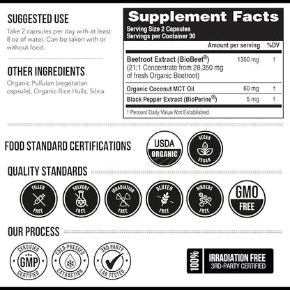 BioBeet® Max Strength Beet Root Capsules - 21:1 Concentrate, Each Serving Derived from 28,350 mg Organic Beetroot - Absorption Enhancement with BioPerine® Black Pepper Extract (60 Capsules)