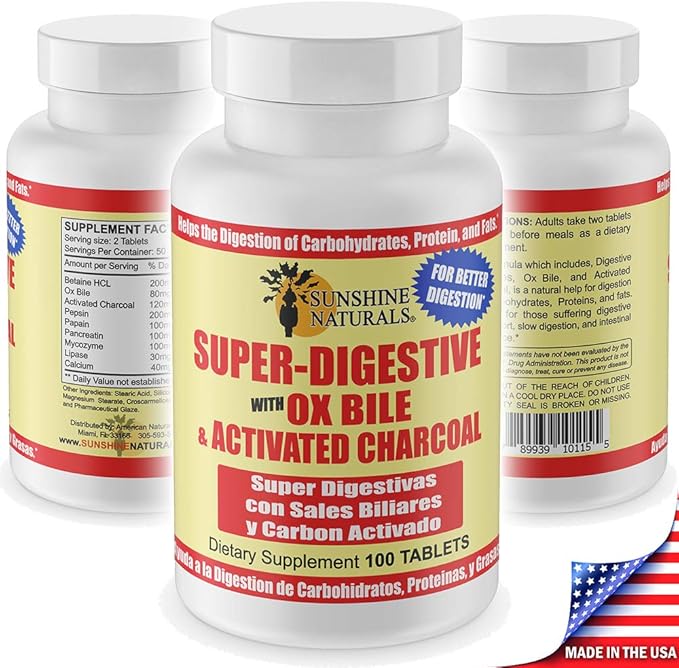 Super Digestive Supplement. Ox Bile & Activated Charcoal for Digestive Support, Bloating Relief, Gut Cleanse, Nutrient Absorption, and Overall Wellness. 100 Tablets. Pack of 3
