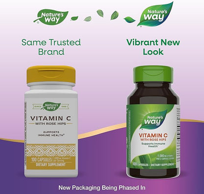 Nature's Way Vitamin C with Rose Hips, Powerful Antioxidant & Immune Function Support from Vitamin C*, Promotes Collagen for Healthy Skin*, 1,000 mg Vitamin C, 100 Capsules (Packaging May Vary)