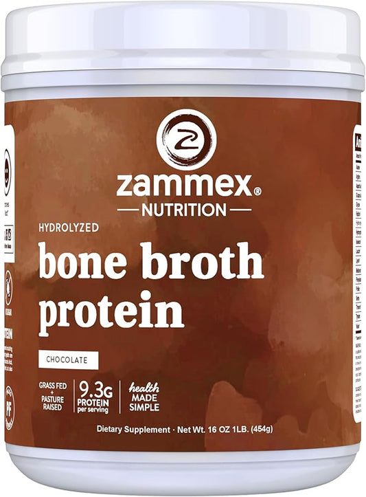 Zammex Bone Broth Protein Powder, Pure Grass Fed Beef, Chocolate Protein Powder,Hydrolyzed Collagen Supplement for Healthy Skin,Nails,Hair,Joints, Non-GMO,Gluten Free, Great in Shakes