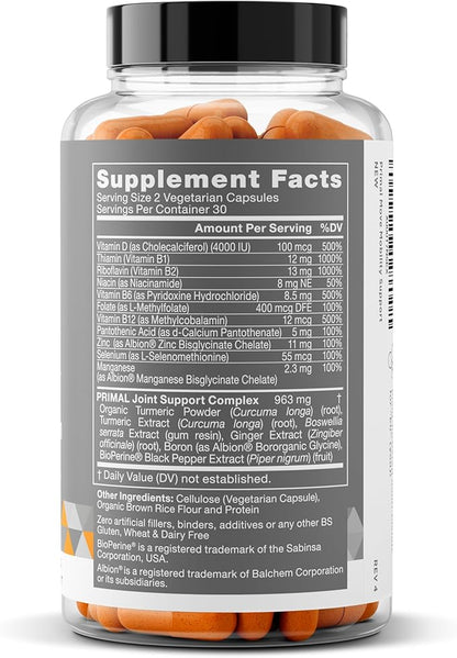 Primal Joint & Mobility Support - Advanced Joint Support Supplement for Women and Men - Turmeric, Boswellia, Ginger and Boron for Whole-Body Flexibility, Joint Health & Comfort - 60 Veg Soft Capsules