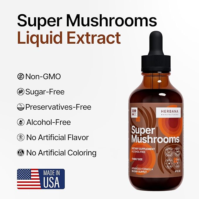 Super Mushrooms 8-in1 - 4 fl oz Liquid Extract - Brain Booster & Immune Support Drops - Reishi, Lion`s Mane, Cordyceps, Chaga, Mitake, Turkey Tails, Shiitake, Agaricus - High Potency - 90-Day Supply
