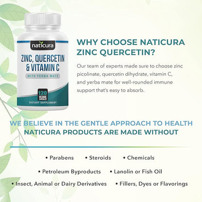 Zinc Quercetin with Vitamin C and Yerba Mate - 4-in-1 Nutritional Immune Support Supplement - 120 Veggie Capsules - Made in the USA