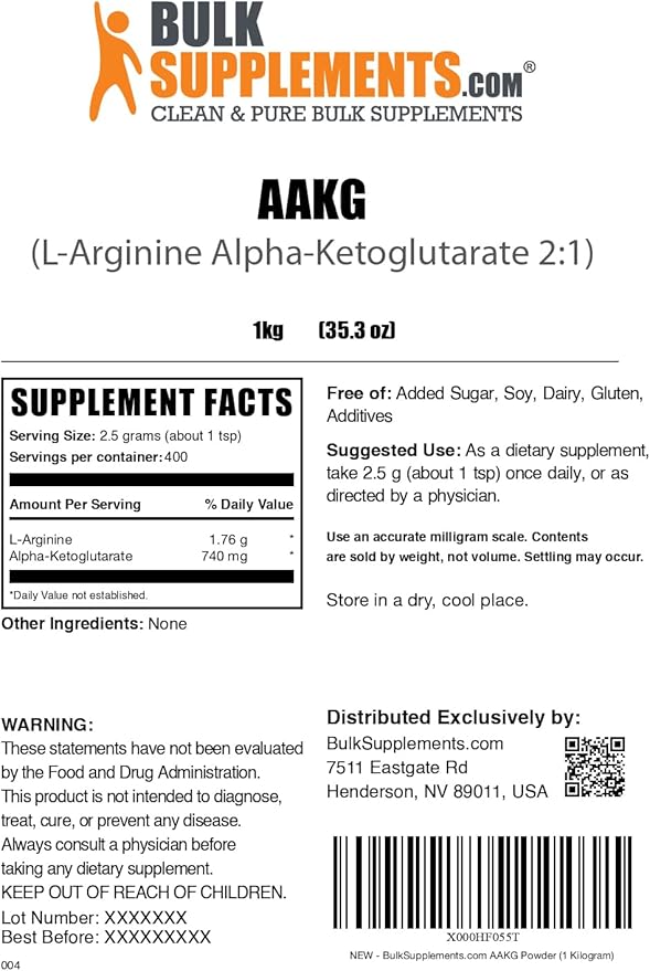 BulkSupplements.com AAKG Powder - Arginine AKG Supplement,Nitric Oxide Supplement - Unflavored & Gluten Free, 2.5g per Serving, 1kg (2.2 lbs) (Pack of 1)