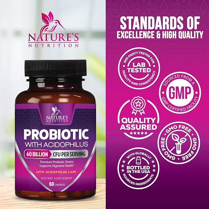 Probiotics 60 Billion CFU per Serving - 10 Strains + Prebiotics - Immune, Digestive & Gut Health Support, Supports Occasional Constipation, Gas & Bloating for Women & Men, Shelf Stable - 60 Capsules