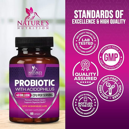 Probiotics 60 Billion CFU per Serving - 10 Strains + Prebiotics - Immune, Digestive & Gut Health Support, Supports Occasional Constipation, Gas & Bloating for Women & Men, Shelf Stable - 60 Capsules