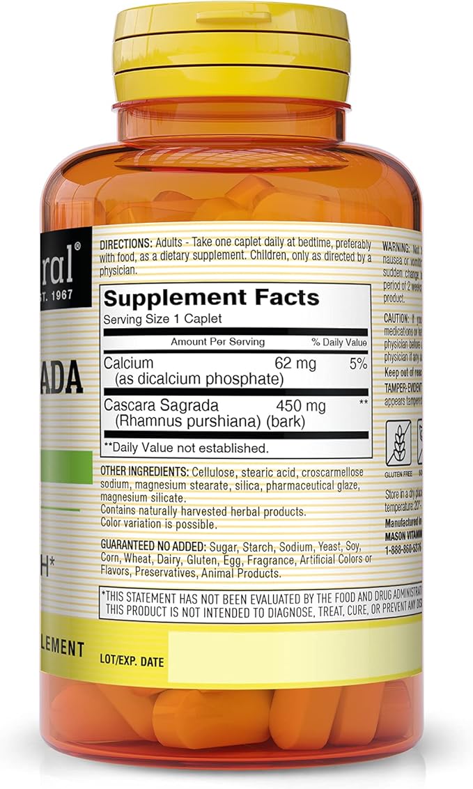 MASON NATURAL Cascara Sagrada 450 mg with Calcium - Promotes Bowel Function, Gentle Constipation Relief, Improved Digestive Health, 100 Caplets (Pack of 3)