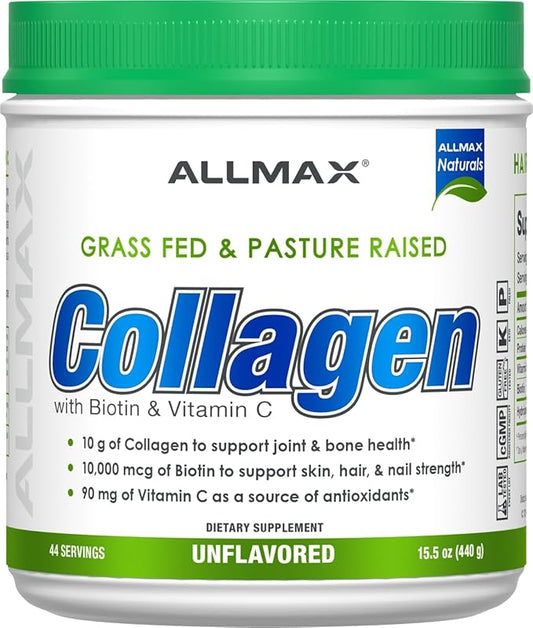 ALLMAX Nutrition Grass Fed & Pasture Raised Collagen with 10,000 mcg Biotin + 90 mg Vitamin C, Unflavored, 15.5 oz (440 g)
